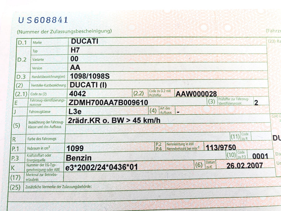 Ducati 1098 S H7 [2007] - Marco con letra del vehículo