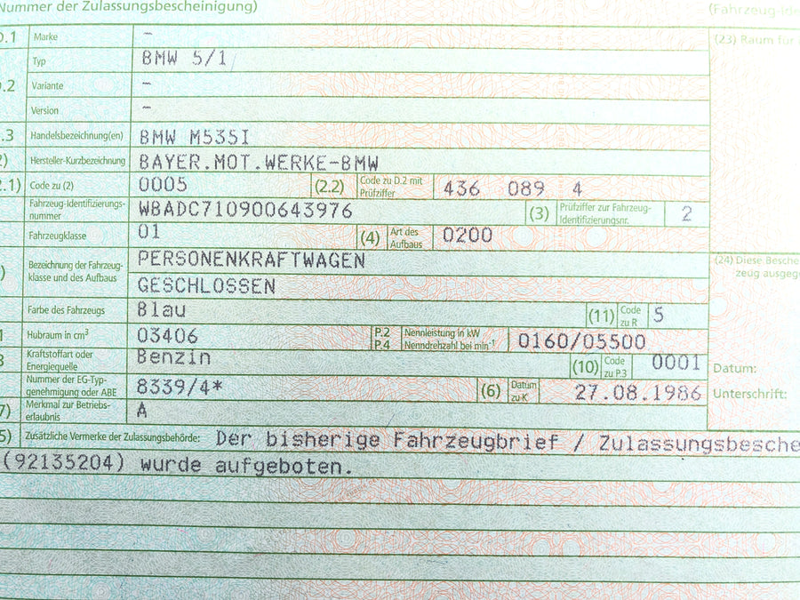 BMW M 535i E28 [1986] - Radhaus con número de chasis y cuerpo