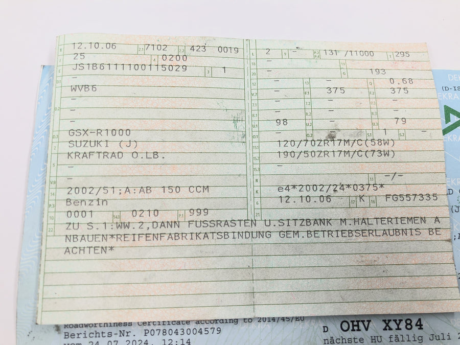 Suzuki GSX R 1000 WVB6 K6 [2006] - bastidor con documento de matriculación del vehículo