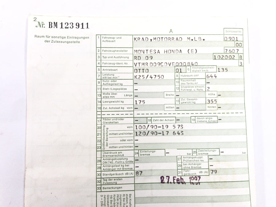 Honda SLR 650 RD09 [1997] - Marco con papeles
