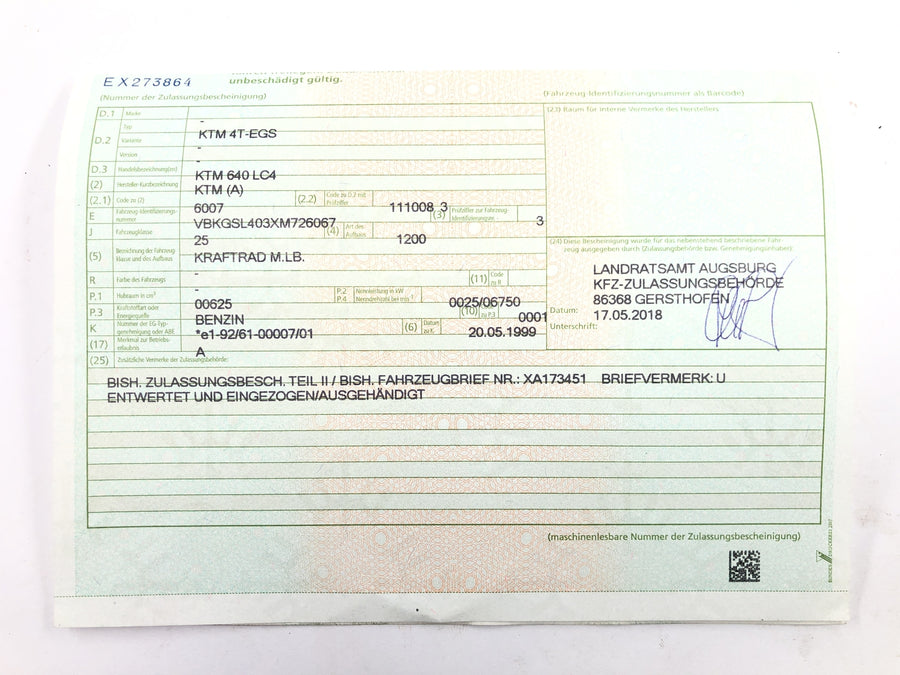 KTM 640 LC4 EGS [1999] - Bastidor principal con documento de matriculación del vehículo
